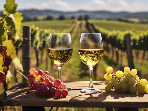 Deux verres de vin blanc à côté de grappes de raisin mûres sur fond de champs de raisin HarvestingVineyards