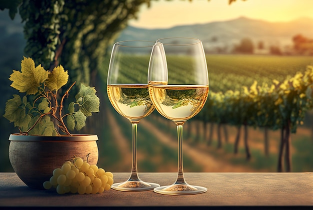 Photo deux verres de vin blanc dans une vigne générative ai