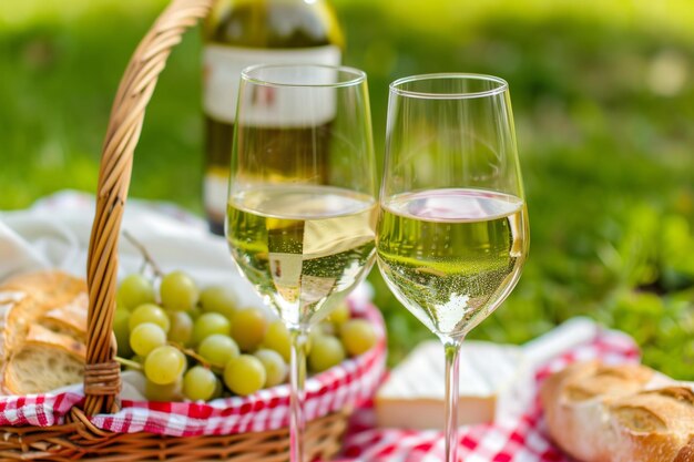 Deux verres de vin blanc et un panier de raisins sur l'herbe