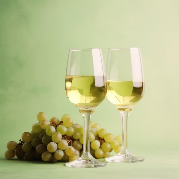 Deux verres de vin blanc et de raisins sur fond vert créés à l'aide de la technologie générative ai