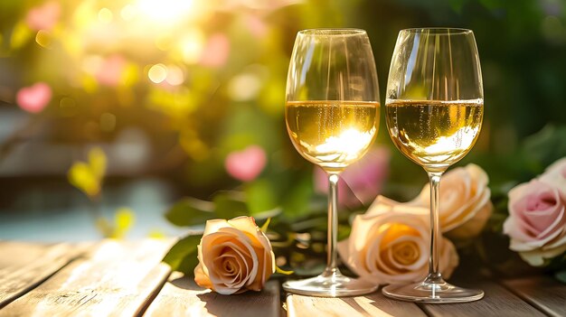 Deux verres de vin blanc et des roses roses sur la table en bois des cœurs à l'arrière-plan bokeh Joyeux anniversaire de la Saint-Valentin