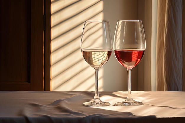 Deux verres à vin, un blanc et un rouge, avec une bougie sur une table ensoleillée