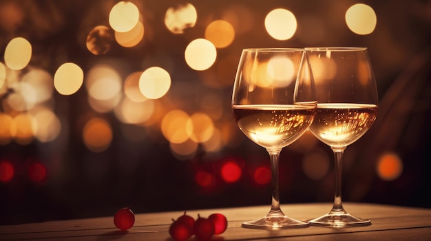 Deux verres de vin blanc sur une table avec une ambiance romantique suggérant une célébration de la Saint-Valentin