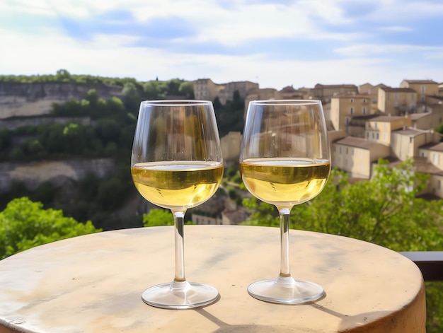 Deux verres de vin blanc sur une terrasse surplombant la ville