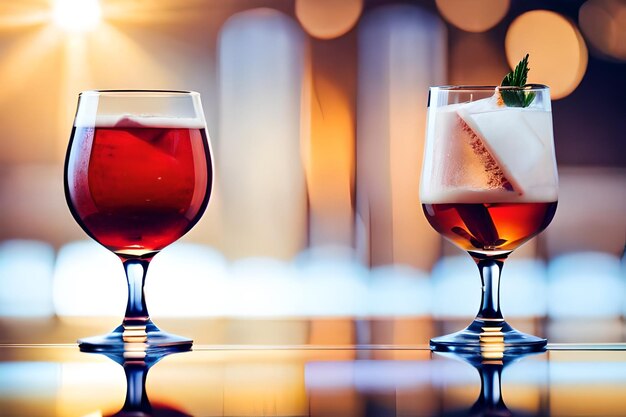 deux verres de vin et une boisson avec des cubes de glace sur la table