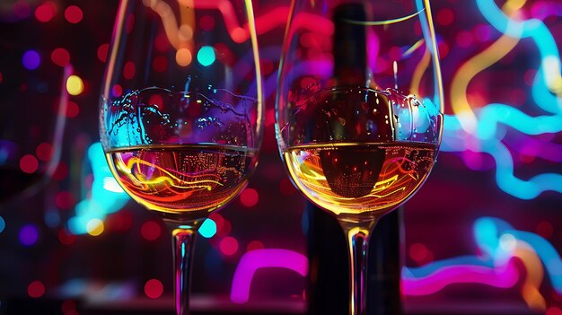 Deux verres de vin élégants avec du vin mousseux doré sur un fond sombre avec des lumières floues colorées