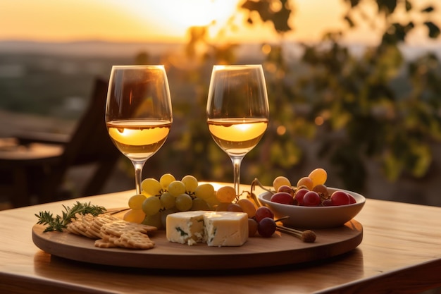 Deux verres à vin fromage et raisins verts un coucher de soleil en arrière-plan professionnel de la publicité commerciale Photographie de produits