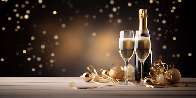 Deux verres de vin mousseux sur fond festif du Nouvel An