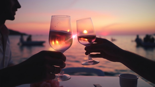 Deux verres à vin portant un toast avec le coucher du soleil en arrière-plan