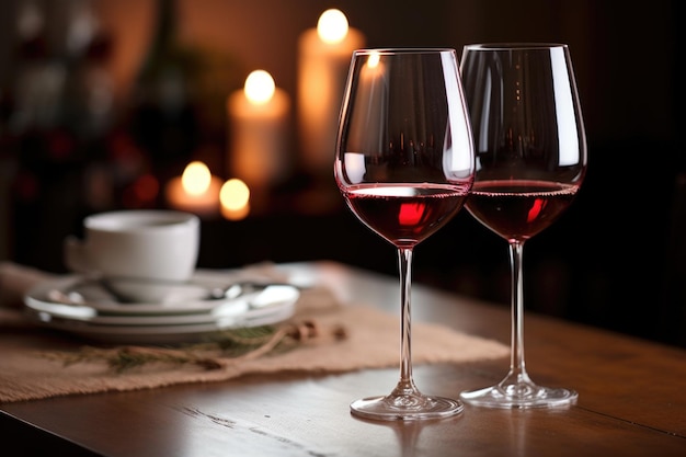 Deux verres à vin remplis de vin rouge sur une table à manger