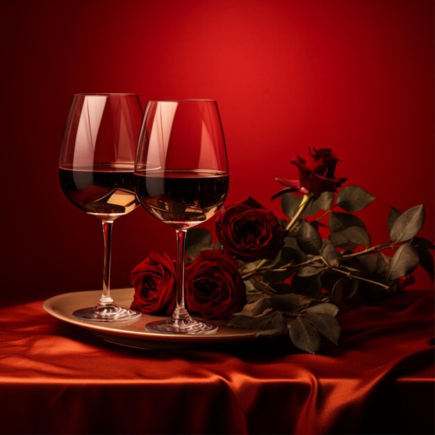 deux verres de vin et une rose rouge sur une assiette romantisme humeur rouge en arrière-plan