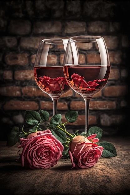 Deux verres à vin et roses roses Concept d'un rendez-vous romantique dans un restaurant Dîner de la Saint-Valentin Generative AI