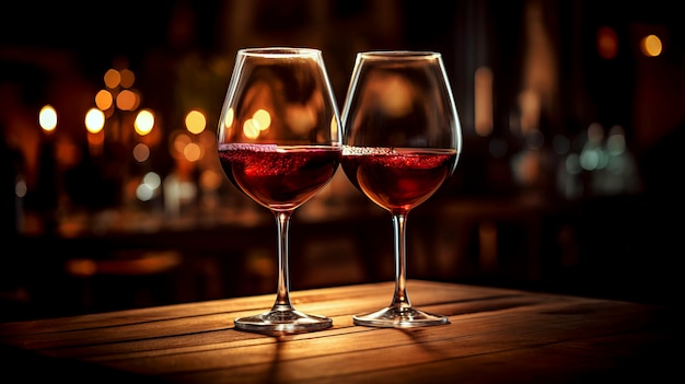 Deux verres de vin rouge sur le comptoir du bar atmosphère chaleureuse