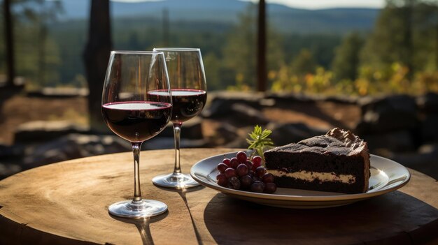 Deux verres de vin rouge et de gâteau sur une table avec paysage