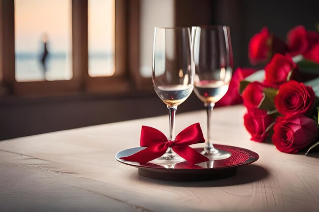 Deux verres à vin avec ruban rouge sur une table