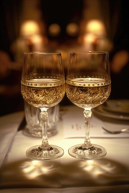 Deux verres à vin sur une table avec une nappe blanche