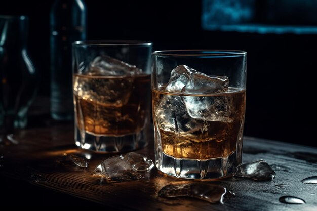 Deux verres de whisky sur un bar avec des glaçons