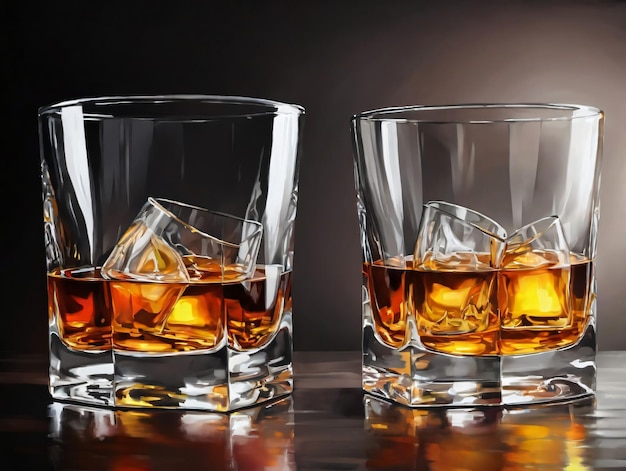 Deux verres de whisky avec des glaçons sur une table