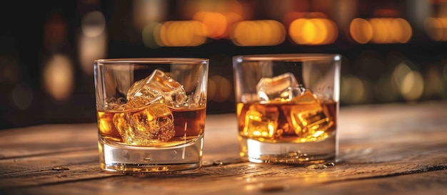 Photo deux verres de whisky sur une table en bois