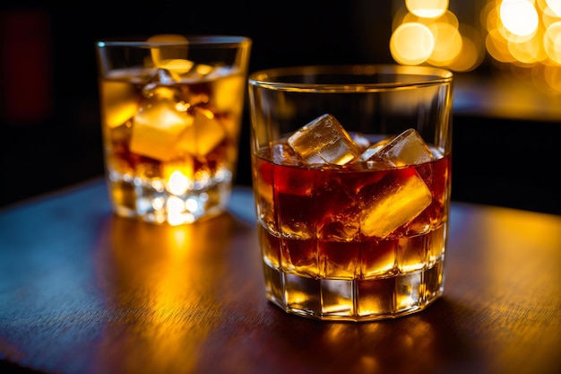 Deux verres de whisky sur une table avec un fond sombre