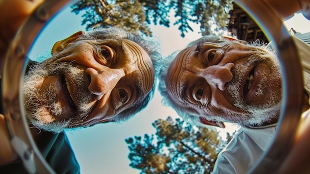Deux vieux hommes regardent la caméra à travers un miroir circulaire