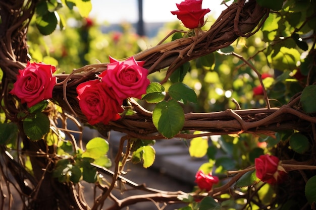 Deux vignes entrelacées avec un lit de roses en arrière-plan