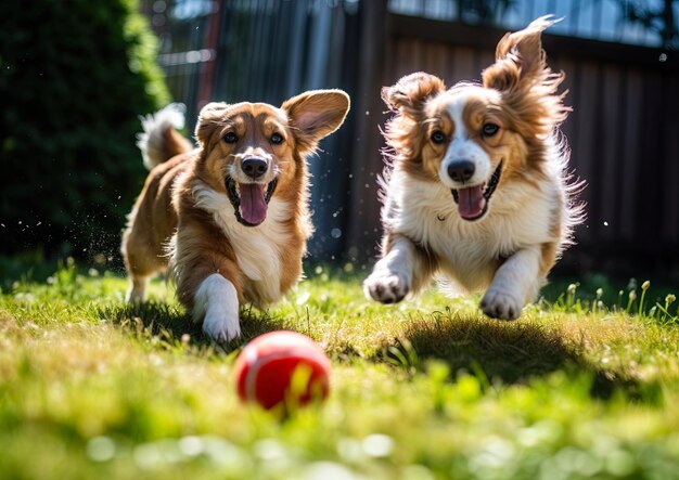 Photo deux welsh corgi jouant avec une balle dans le jardin