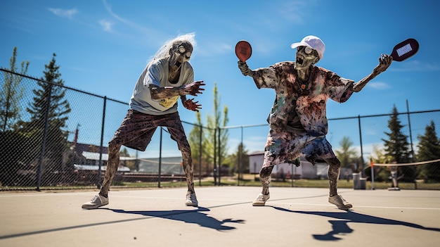 Deux zombies jouant au pickleball par une journée ensoleillée