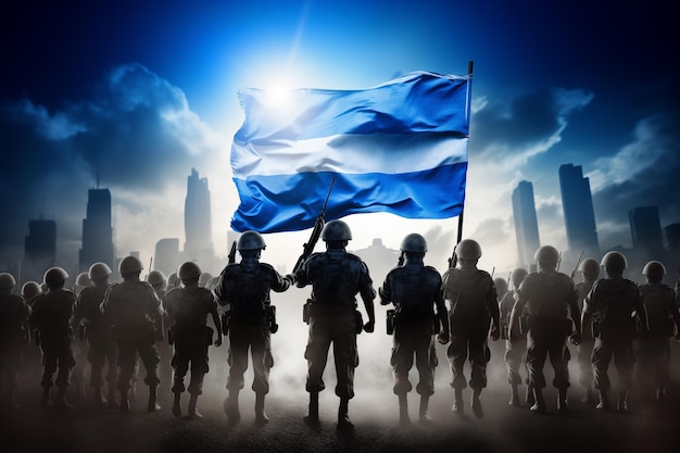 Devant le drapeau d'Israël, l'armée israélienne protège son peuple et son pays de l'agression.