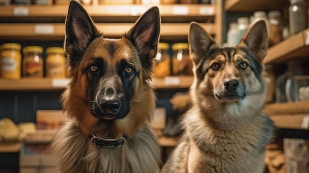 Devant les étagères d'une animalerie, un chat et un chien regardent la caméra à l'aide de l'IA générative