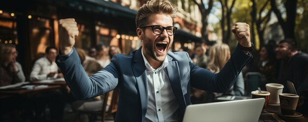 Devant un ordinateur portable, un homme d'affaires prospère fait un coup de poing pour célébrer.