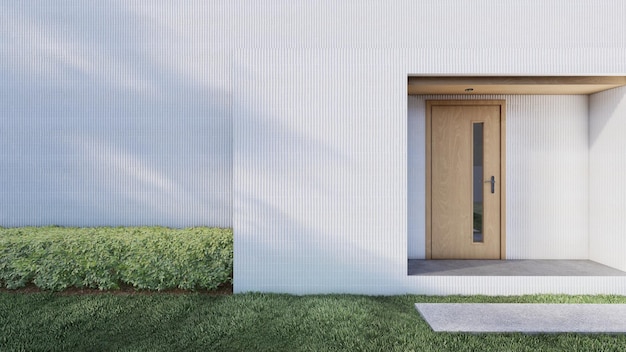 Devant la porte d'entrée de la maison moderne avec pelouse et arbuste. Illustration 3D