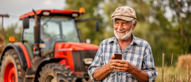 Photo devant le tracteur dans le champ, un agriculteur mûr regarde un téléphone portable, un concept d'agriculture intelligente.