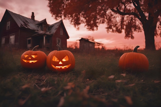 Devant une vieille maison le soir d'Halloween