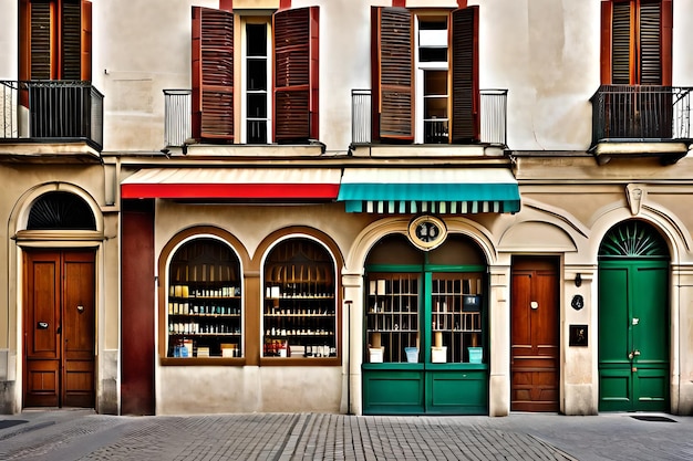 Une devanture de magasin avec une porte verte qui dit "le numéro" dessus.