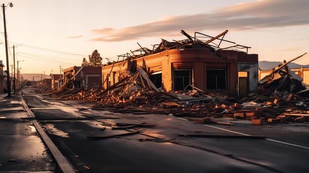 Photo la dévastation au crépuscule des bâtiments détruits bordent une rue déserte à la lumière du soir