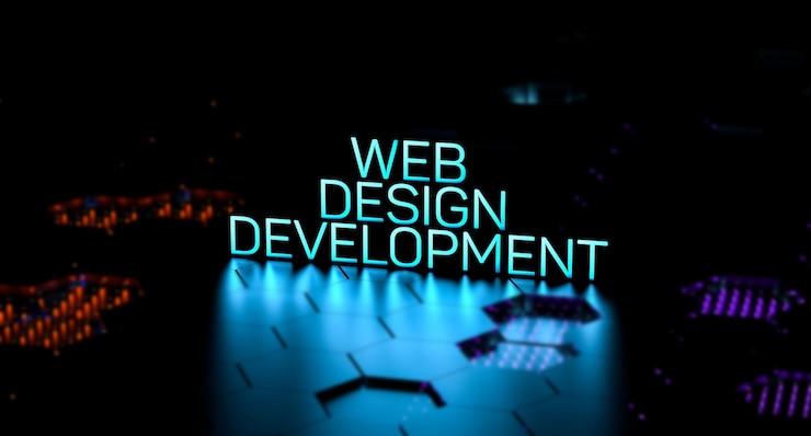 Photo développement de conception web concept de texte néon développement de conception web fond d'écran rendu 3d