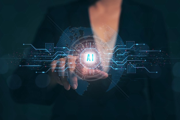 Le développement de l'intelligence artificielle AI Businesswoman touche la fonction cérébrale algorithme d'intelligence artificielle Technologie de connectivité Technologie Internet et nouvelles innovations apprentissage automatique