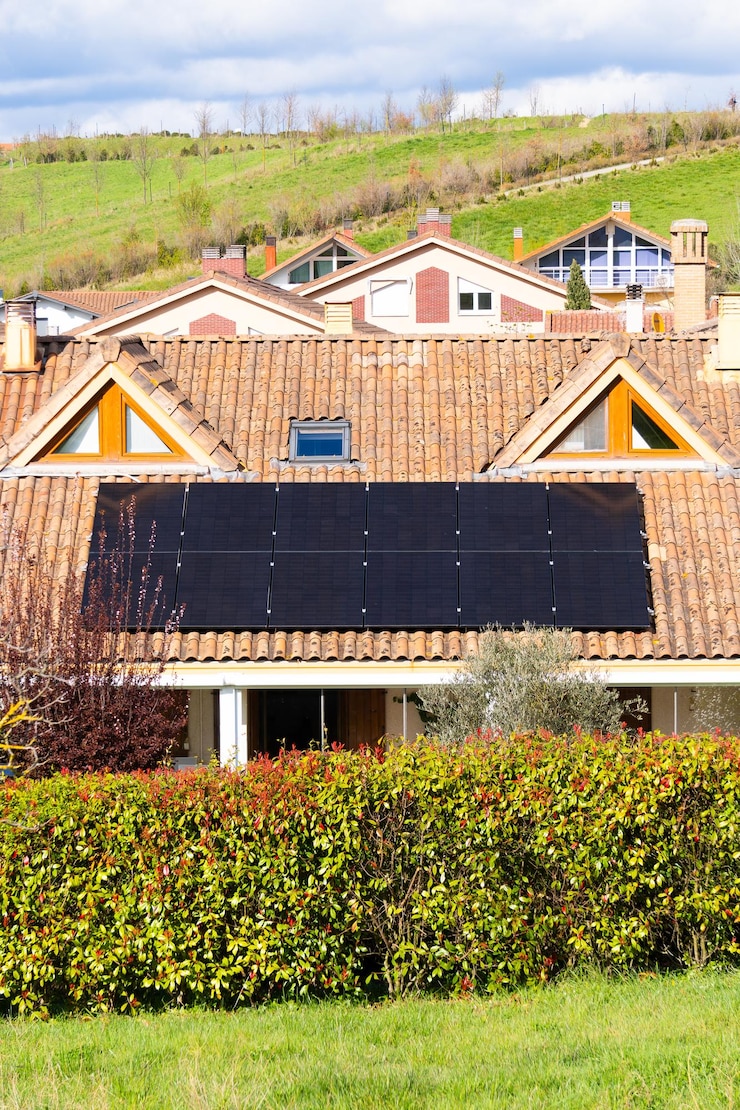 Photo développement de maisons à la campagne avec des panneaux photovoltaïques modernes sur le toit