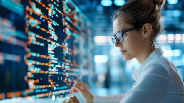 Développeur féminin déboguant le code JavaScript pour un système d'exploitation mobile Mobile JavaScript System