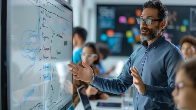 Un développeur de logiciels confiant présentant ses idées à une équipe diversifiée de collègues lors d'une séance de brainstorming dans un bureau moderne