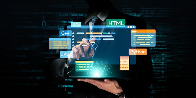 Développeur de logiciels travaillant avec des superpositions de codage de langages de programmation eide