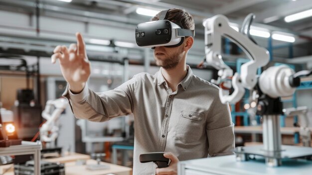 Développeur technologique portant un casque de réalité virtuelle à un atelier de robotique