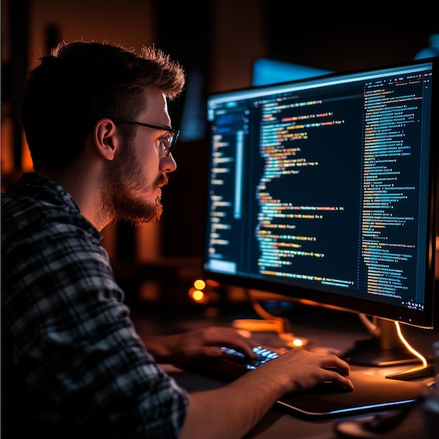 Un développeur web écrivant HTML CSS et JavaScript pour un site Web moderne et élégant