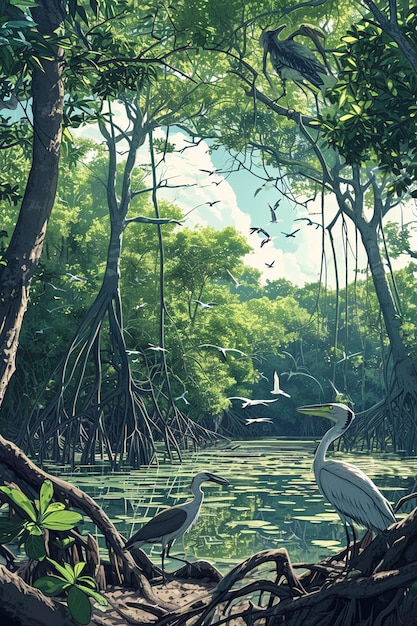 Développez une peinture numérique qui capture l'écosystème complexe d'une forêt de mangrove