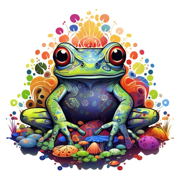 Déverrouiller le voyage de Mind Psychedelics Frog à travers un design graphique vibrant sur une toile blanche