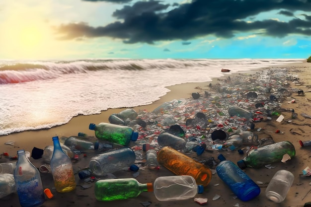 Déversement d'ordures sur la plage d'une grande ville Vider les bouteilles en plastique sales usagées Sale mer rivage sablonneux de la mer Noire Pollution de l'environnement Problème écologique Réseau de neurones généré par l'IA