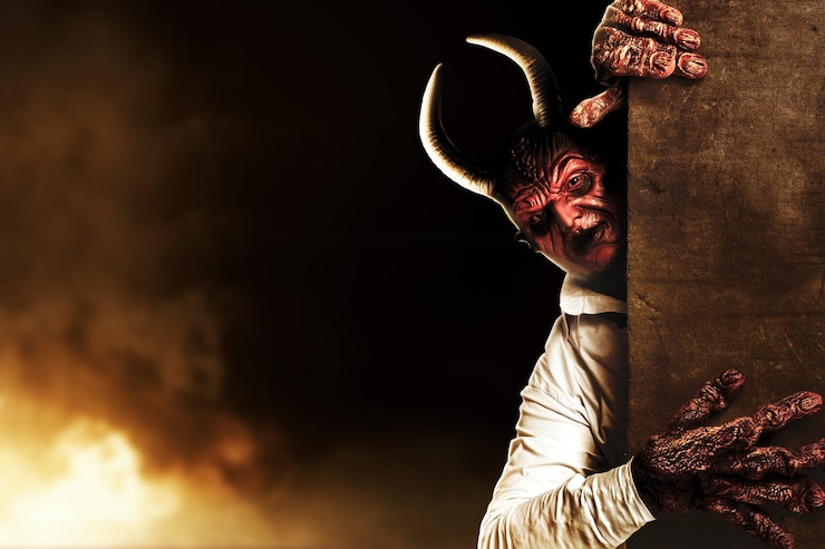 Photo devilman se tient derrière le mur