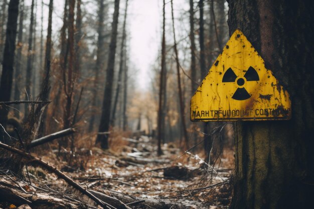 Photo dévoilement du signal de danger radioactif nucléaire menaçant au milieu de la forêt énigmatique de tchernobyl excl