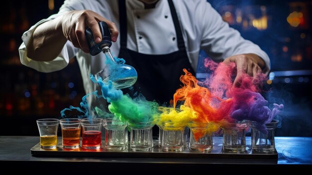 Photo le dévoilement de la spectaculaire boisson à gradient sept couleurs, le maîtrepie de la gastronomie moléculaire du chef gordon.